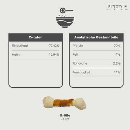 Petstyle Living - Geknotete Knochen mit Hühnchen 7,5 cm - 25 Stück