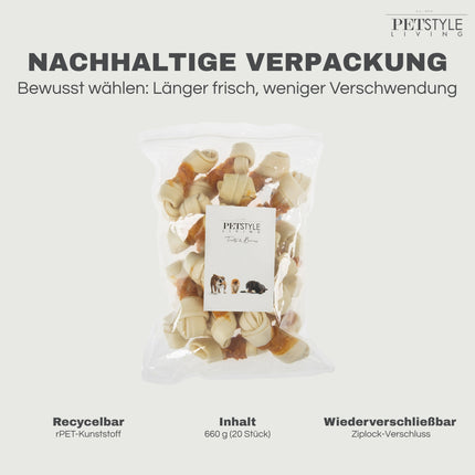Petstyle Living - Geknotete Knochen mit Hühnchen 11 cm - 20 Stück