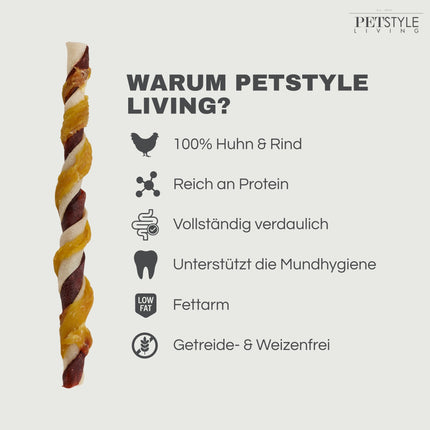Petstyle Living - Gedrehte Stäbchen, mehrfarbig mit Huhn & Rind, 12,5 cm - 30 Stück 