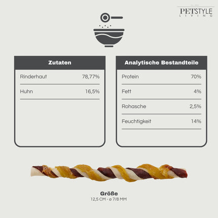 Petstyle Living - Gedrehte Stäbchen, mehrfarbig mit Huhn & Rind, 12,5 cm - 30 Stück 