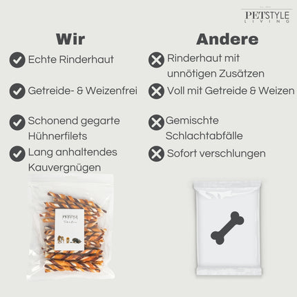 Petstyle Living - Gedrehte Stäbchen, mehrfarbig mit Huhn & Rind, 12,5 cm - 30 Stück 
