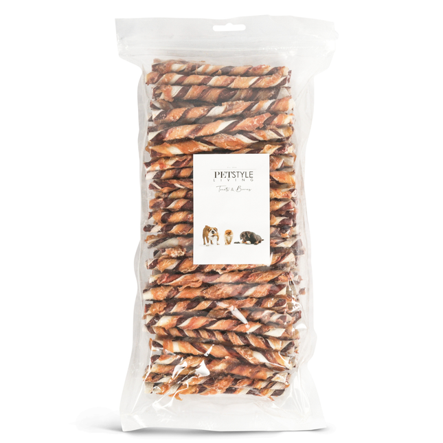 Petstyle Living - Gedrehte Stäbchen, mehrfarbig mit Huhn & Rind, 12,5 cm - 100 Stück