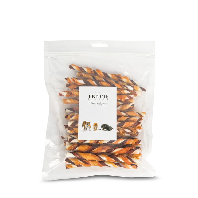 Petstyle Living - Gedrehte Stäbchen, mehrfarbig mit Huhn & Rind, 12,5 cm - 30 Stück 