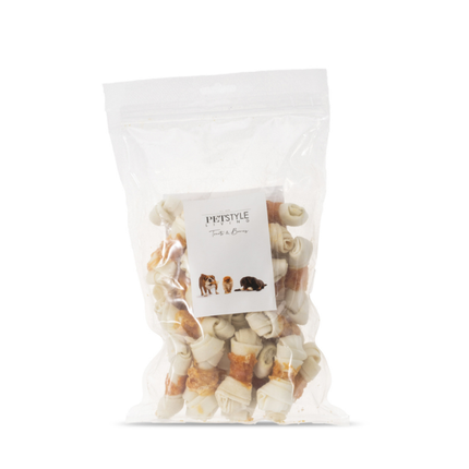 Petstyle Living - Geknotete Knochen mit Hühnchen 7,5 cm - 25 Stück